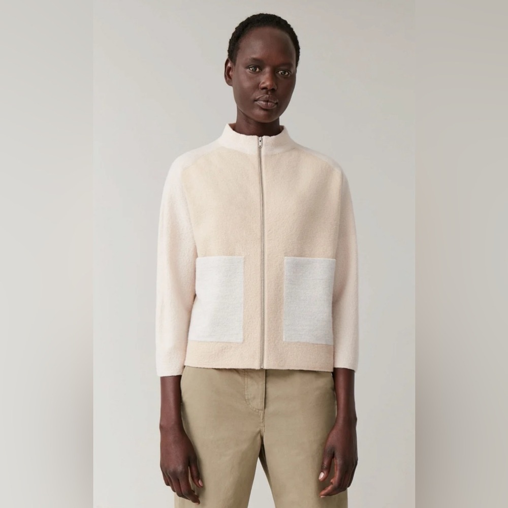 COS Women’s Color Block Merino Wool Front Zip Jacket in Cream Sz S